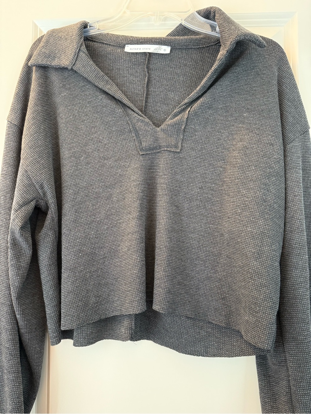 Altar'd state Grey Collared Waffle-Knit Pullover Top